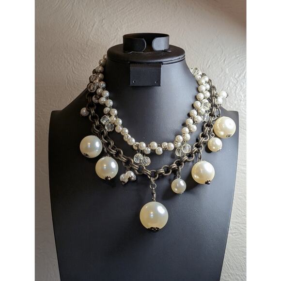 Plunder Antiqued Chain Three Strand Pearl Crystal Chunky Layered Toggle Necklace - Picture 8 of 8